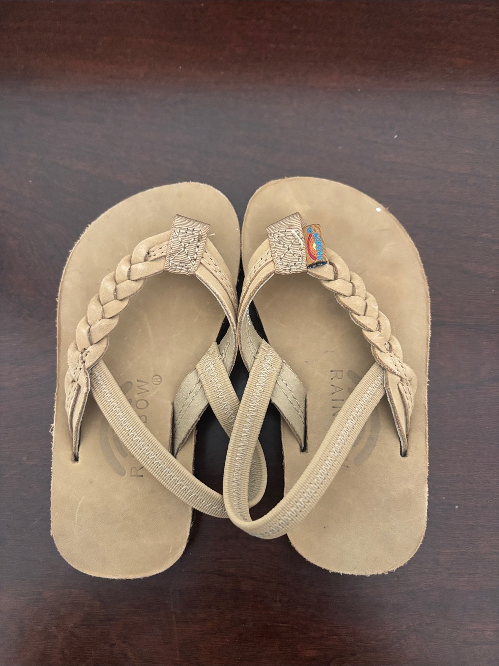 Rainbow Kids Braided Tan Strap Flip Flops